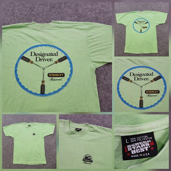 VTG Stanley T Shirt Mens Large Green Single Stitch Graphic Promo Tools 90s USA - Picture 1 of 13